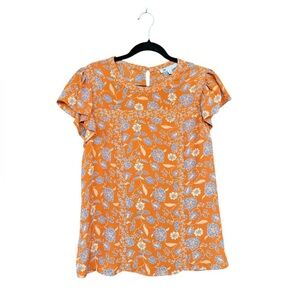 DR2 Women’s Orange Paisley Floral Blouse Flutter Sleeves Lightweight SZ Medium
